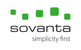 Schwarzer Sovanta Schriftzug auf weißem Hintergrund mit orangenen Punkten als Link zu Startseite